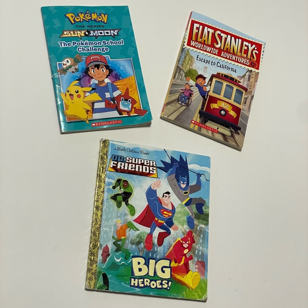 Lot of 3 Young Kids Story Books, Pokémon/ Flat Stanley’s World Wide Adventure…